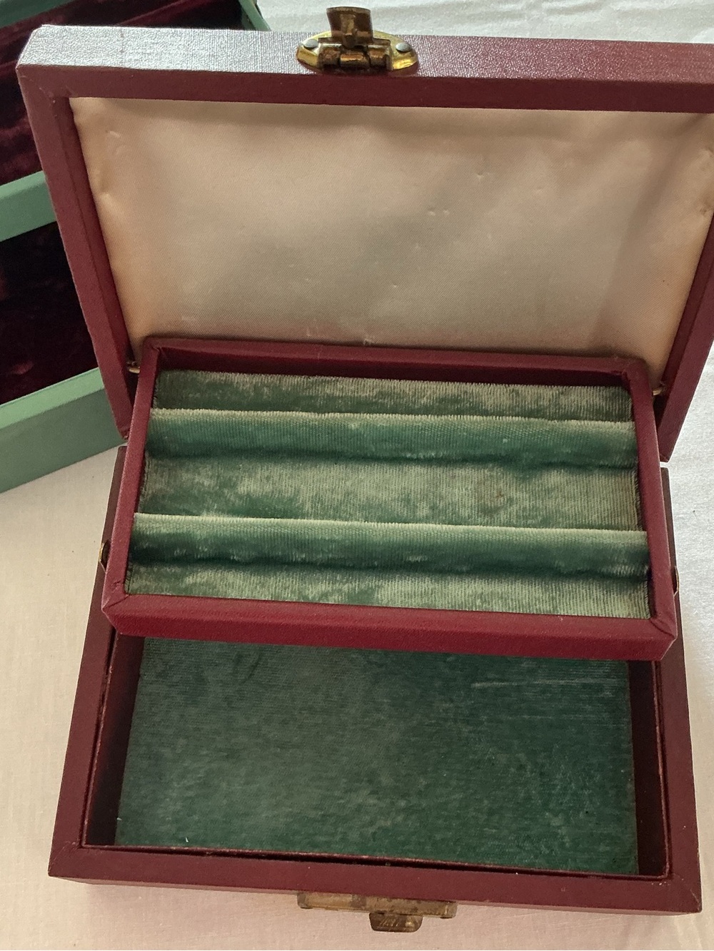 Vintage 50s Green Velvet Jewelry Box with Burgundy Exterior